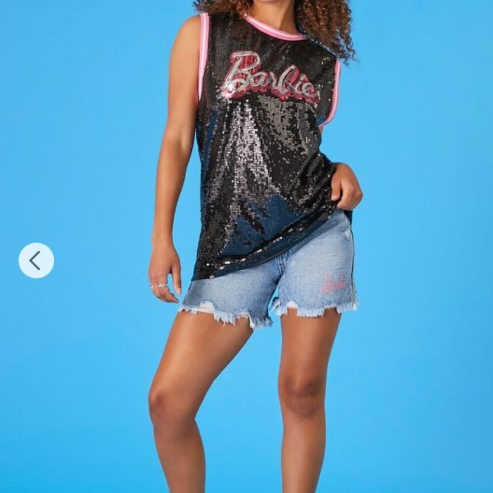 Barbie Jersey sequin Tank Black and pink Barbie Top - Picture 3 of 16
